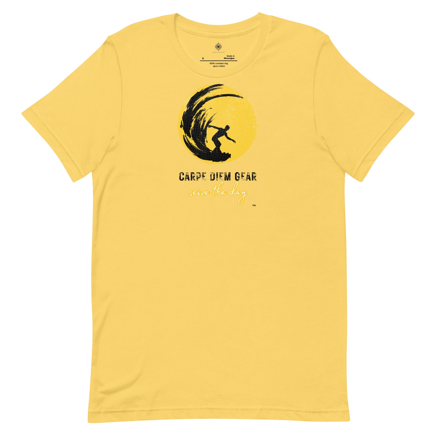 Carpe Diem Gear | Surf's Up | Guy Surfing in Sunset | Unisex 100% Ring-Spun Cotton T-Shirt