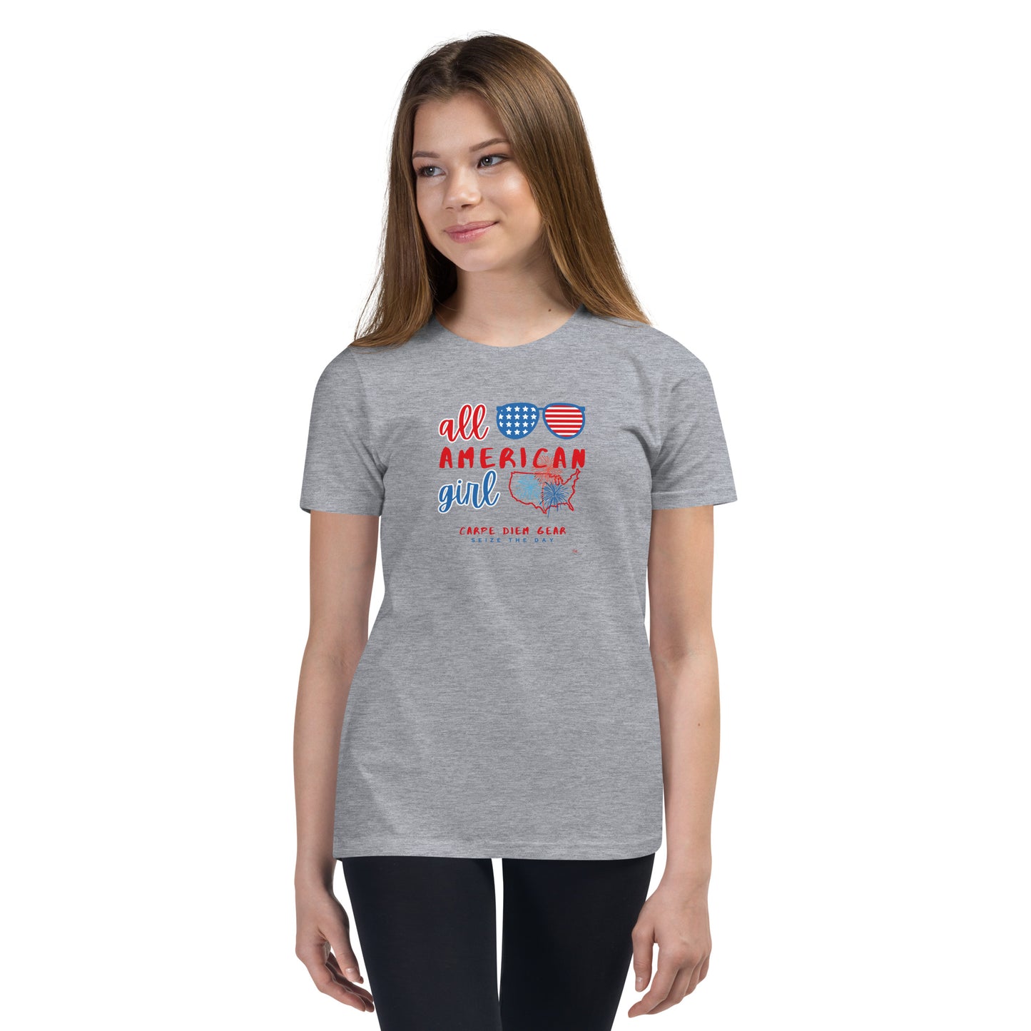 Carpe Diem Gear | America  | All American Girl Sunglasses | Youth Short Sleeve T-Shirt 100% Ring-Spun Cotton