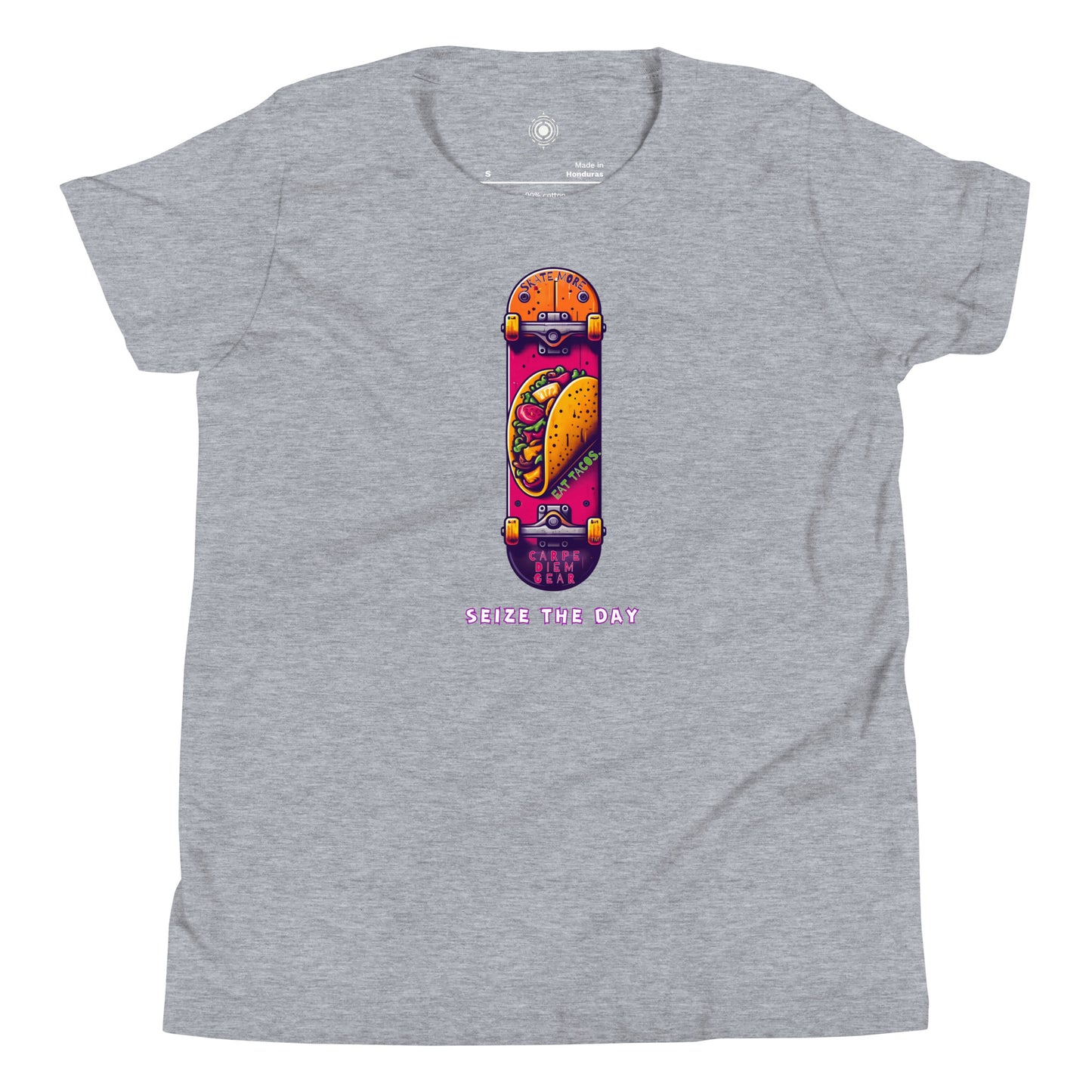 Carpe Diem Gear | Kid's Club | Skateboard & Tacos (Pink/Purple) | 100% Rung-Spun Cotton Youth Short Sleeve T-Shirt