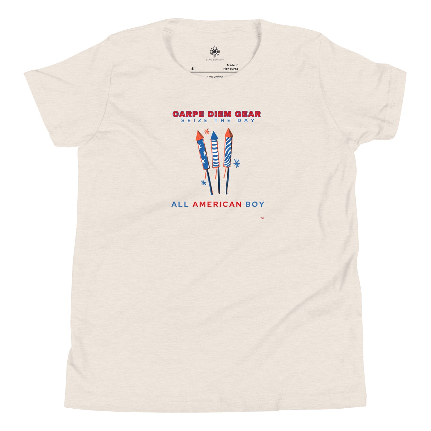 Carpe Diem Gear | America  | All American Boy Firecrackers | Youth Short Sleeve T-Shirt 100% Ring-Spun Cotton