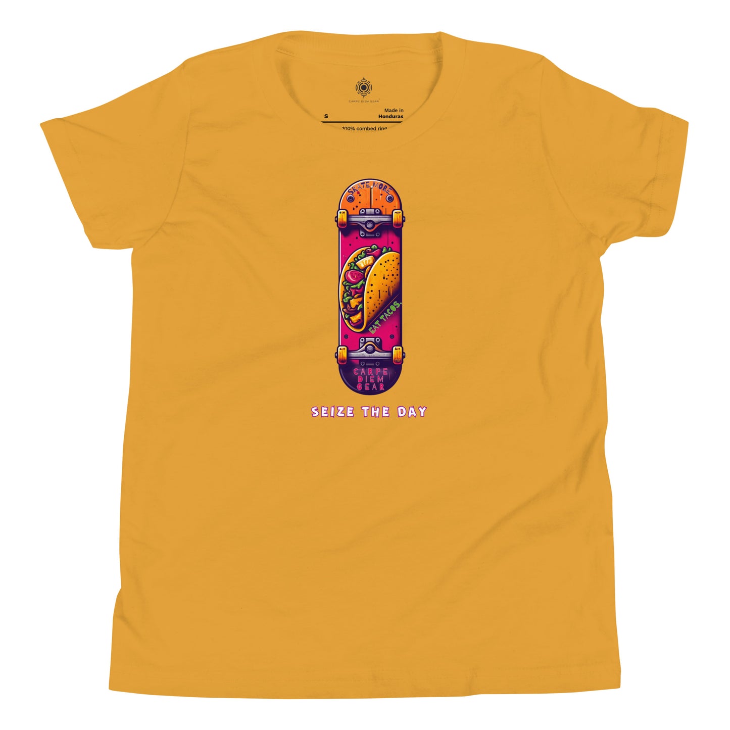 Carpe Diem Gear | Kid's Club | Skateboard & Tacos (Pink/Purple) | 100% Rung-Spun Cotton Youth Short Sleeve T-Shirt