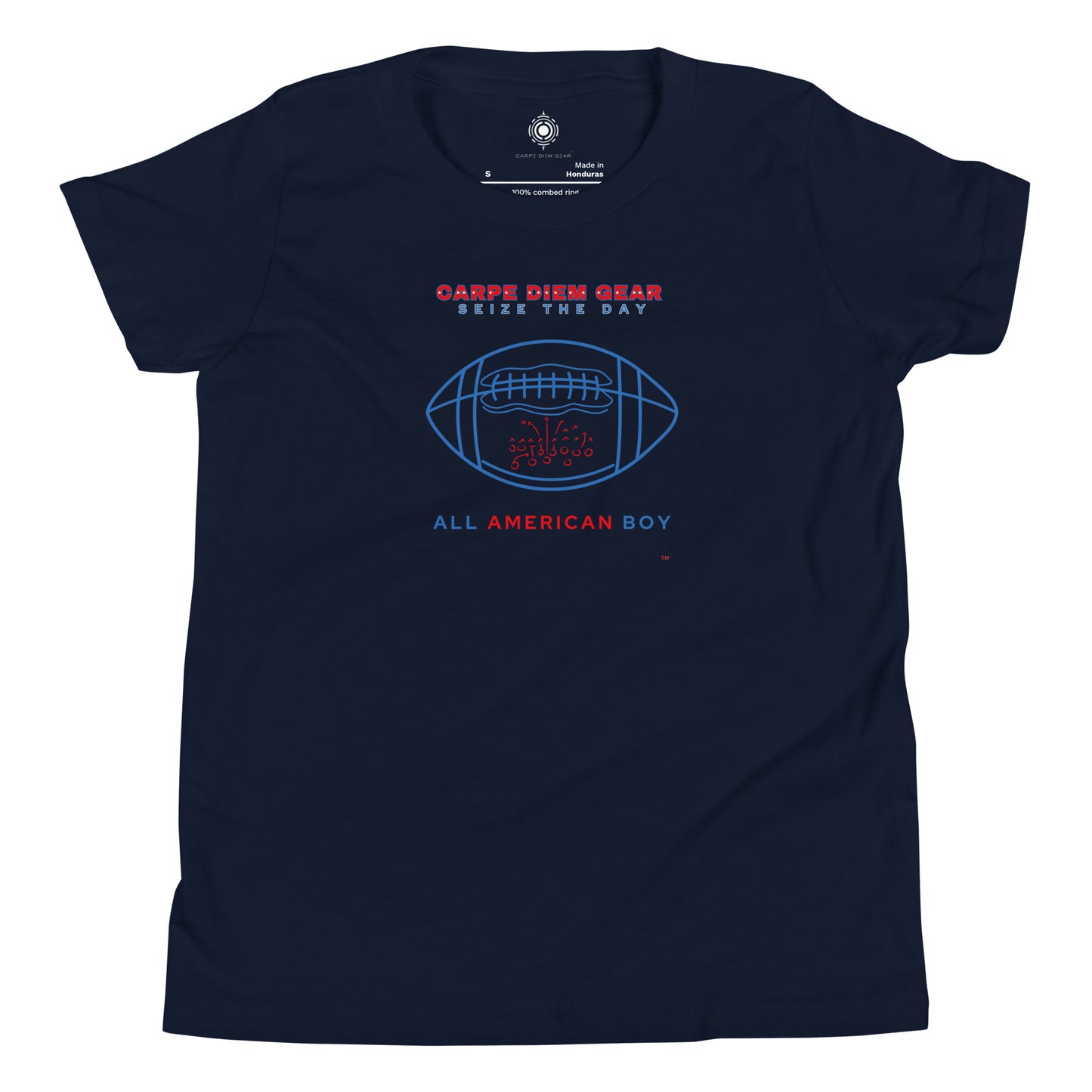 Carpe Diem Gear | America  | All American Boy Football | Youth Short Sleeve T-Shirt 100% Ring-Spun Cotton
