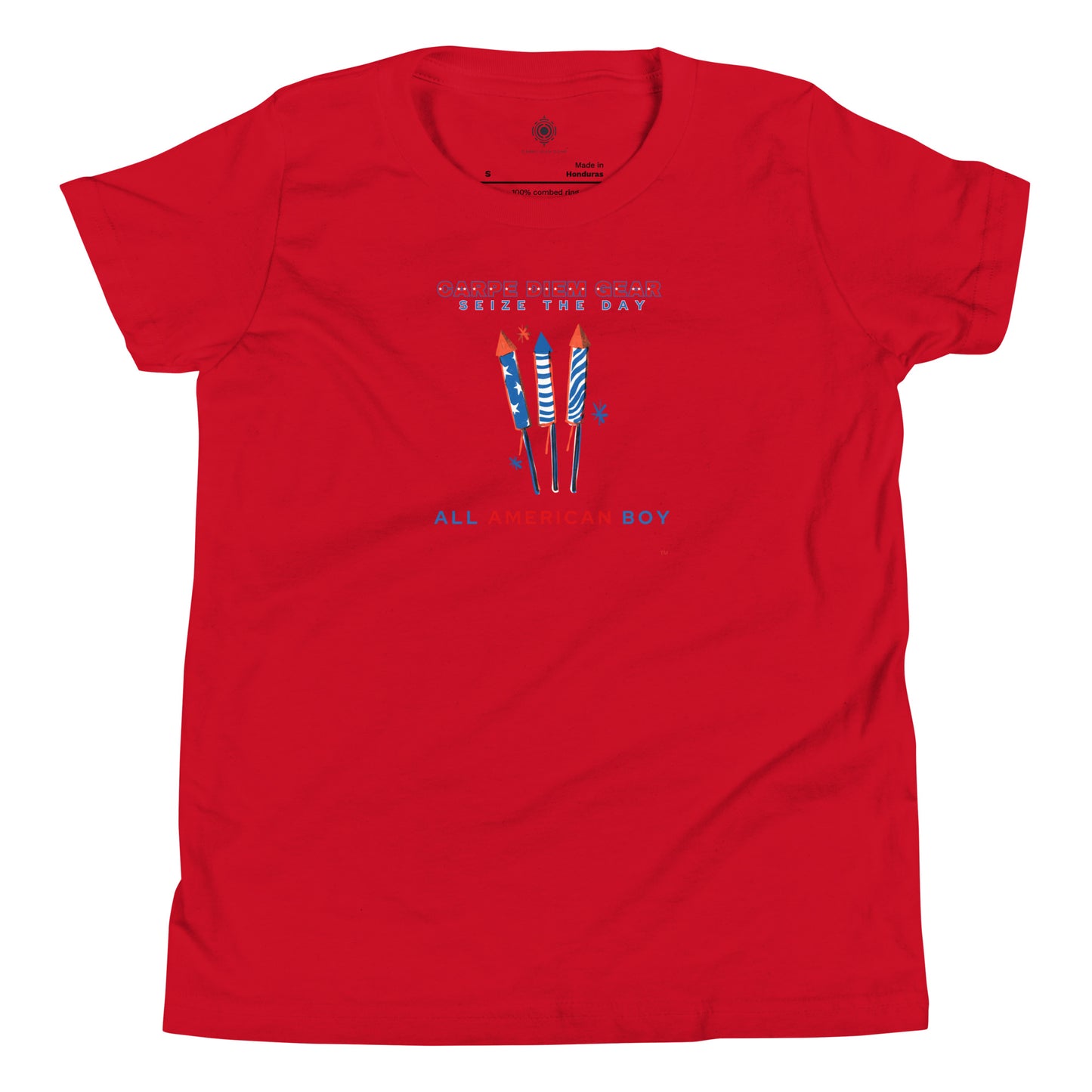 Carpe Diem Gear | America  | All American Boy Firecrackers | Youth Short Sleeve T-Shirt 100% Ring-Spun Cotton