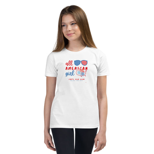 Carpe Diem Gear | America  | All American Girl Sunglasses | Youth Short Sleeve T-Shirt 100% Ring-Spun Cotton
